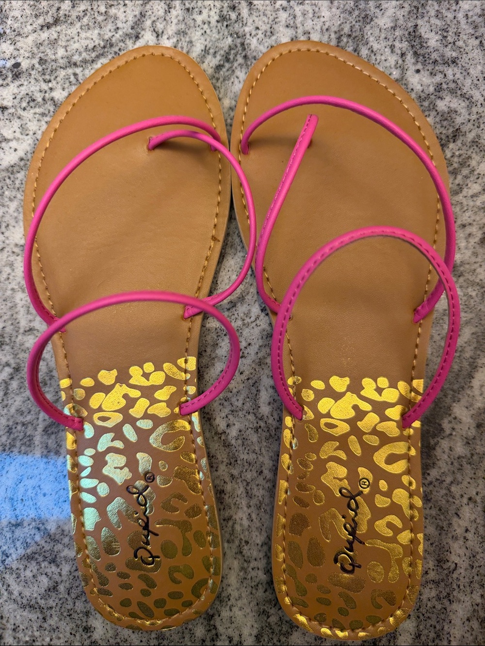 Qupid Pink Strappy Flat Sandals with Gold Leopard Inlay